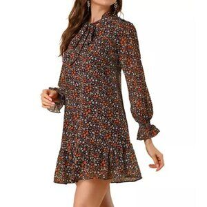 Allegra K Floral Mini Dress Women's XS Brown Tie Neck Ruffled New Romantic Flirt